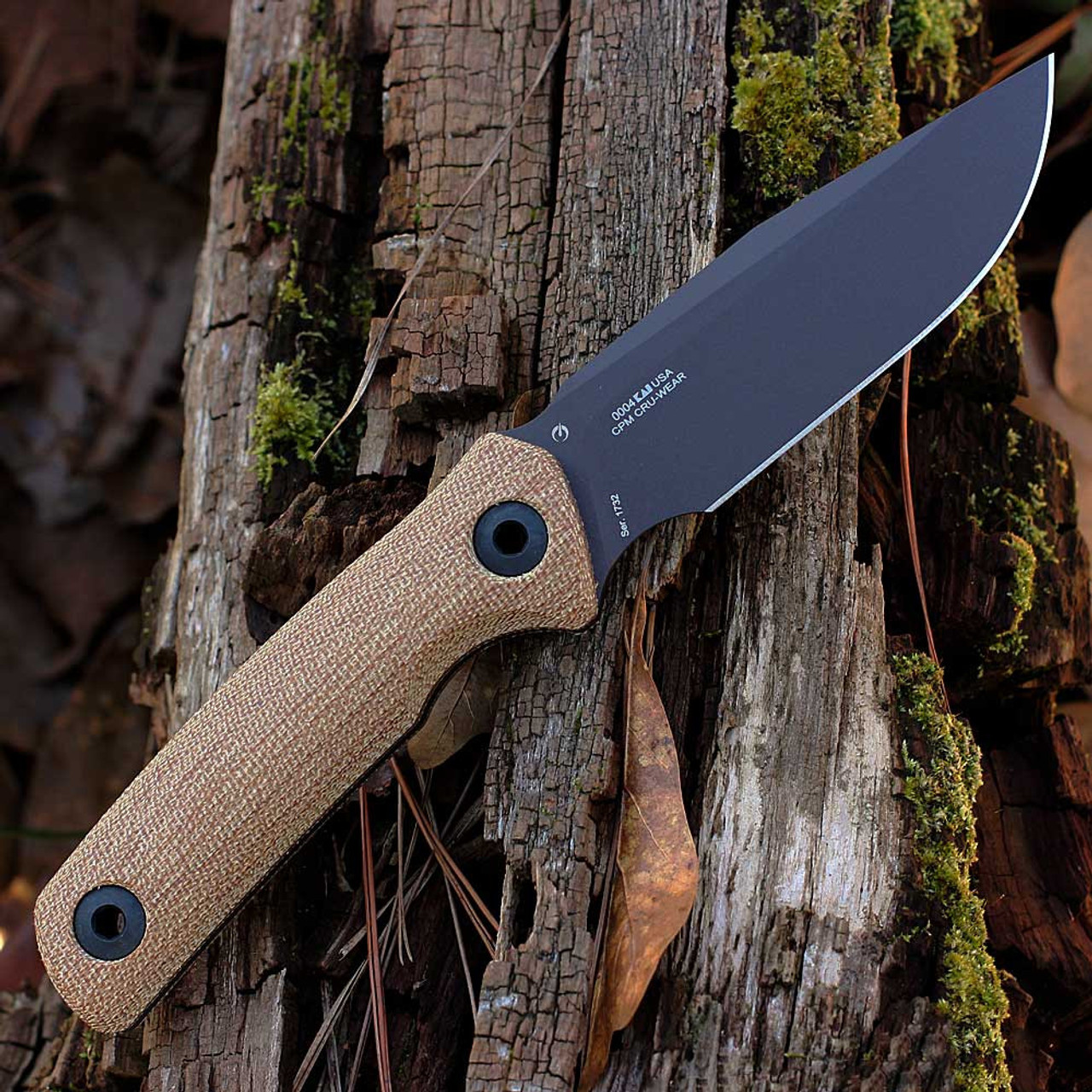 Zero Tolerance (0004) 4.2" CPM-Cru-Wear Black Cerakote Clip Point Plain Blade, Natural Canvas Micarta Handle, Brown Leather Belt Sheath