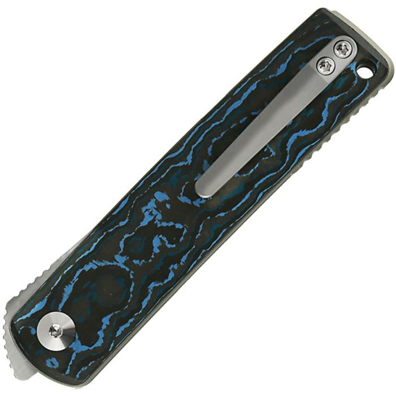 Reate Knives Bushido (REA160) 2.76" Bohler M390 Hand Rubbed Satin Trailing Point Plain Blade, Black Titanium Handle w/ Artic Storm Fat Carbon Inlays