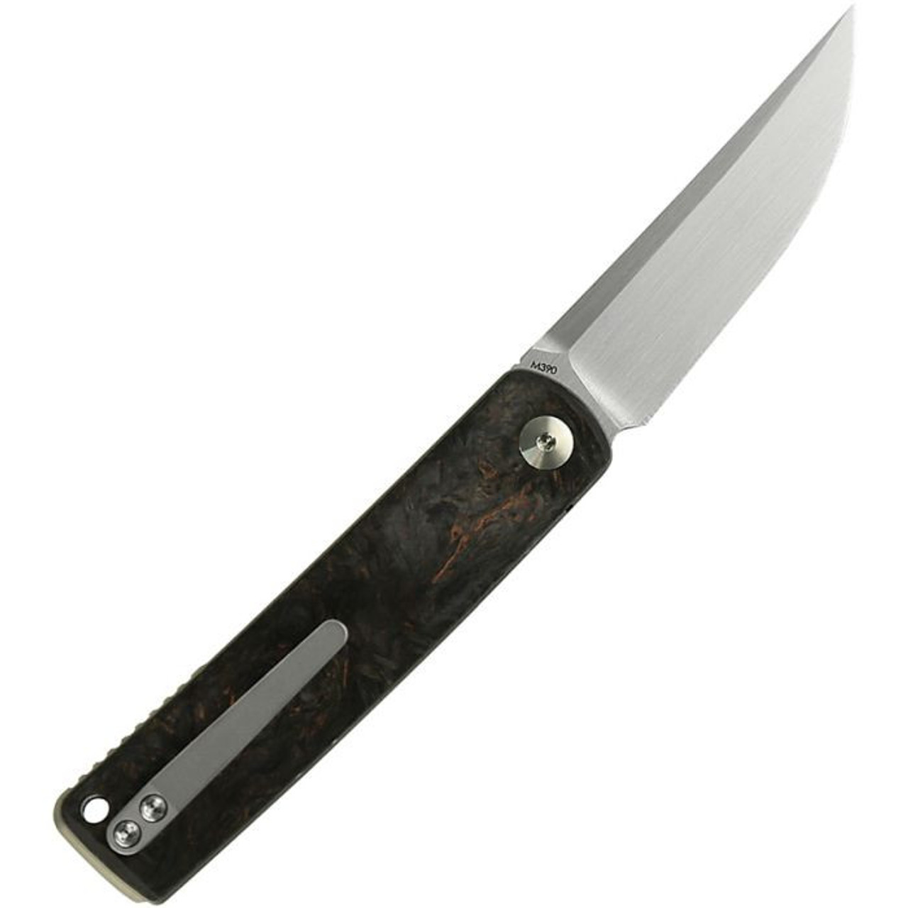 Reate Knives Bushido (REA158) 2.76" Bohler M390 Hand Rubbed Satin Trailing Point Plain Blade, Black Titanium Handle w/ Dark Matter Copper Fat Carbon Inlays