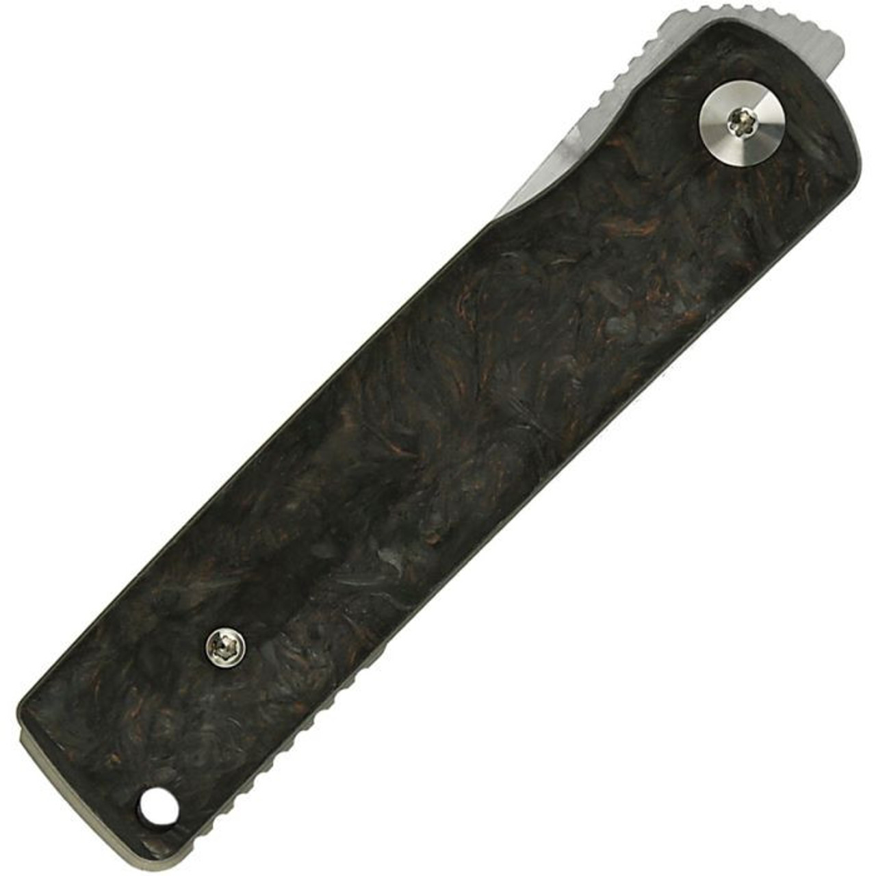 Reate Knives Bushido (REA158) 2.76" Bohler M390 Hand Rubbed Satin Trailing Point Plain Blade, Black Titanium Handle w/ Dark Matter Copper Fat Carbon Inlays