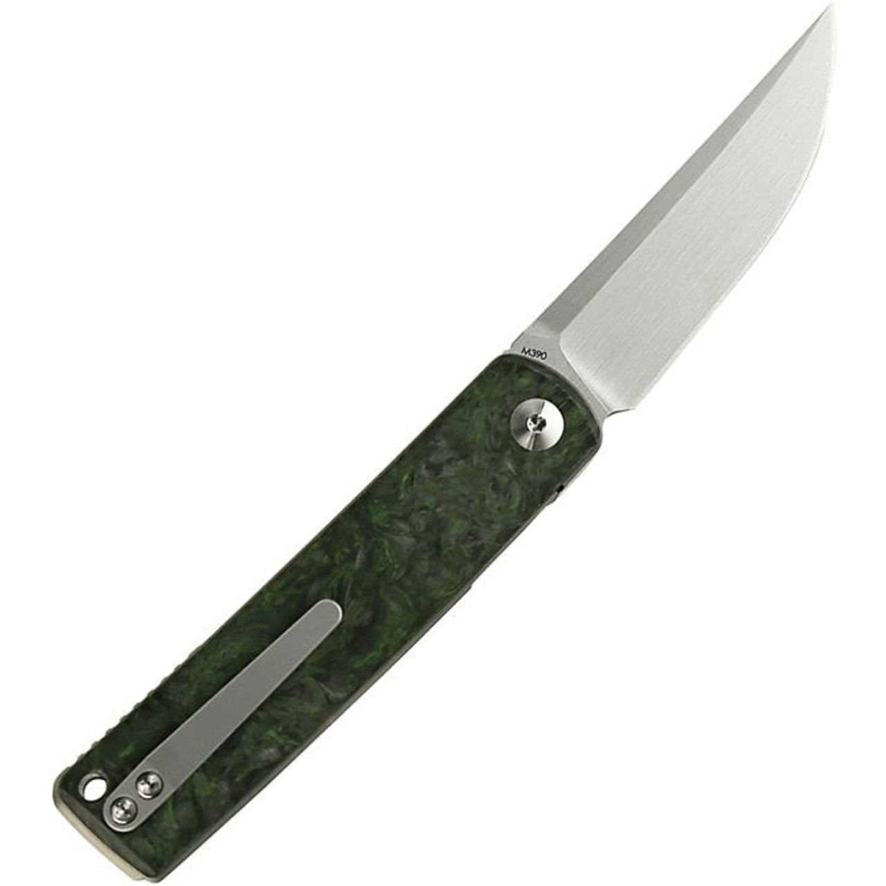 Reate Knives Bushido (REA157) 2.76" Bohler M390 Hand Rubbed Satin Trailing Point Plain Blade, Black Titanium Handle w/ Dark Matter Green Fat Carbon Inlays