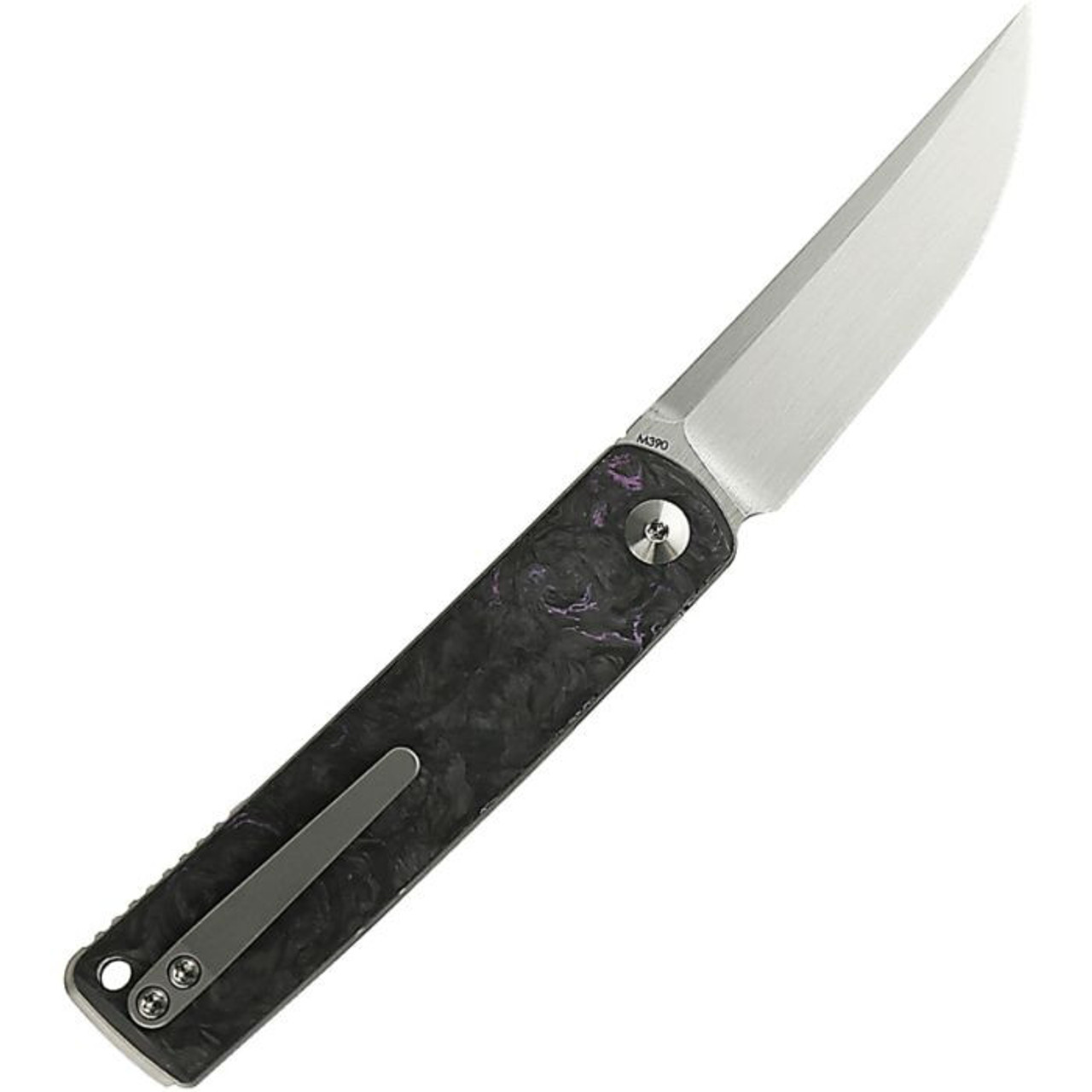 Reate Knives Bushido (REA156) 2.76" Bohler M390 Hand Rubbed Satin Trailing Point Plain Blade, Black Titanium Handle w/ Dark Matter Purple Fat Carbon Inlays