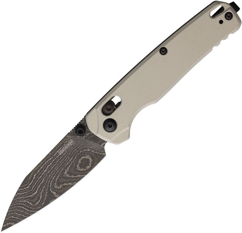 Kershaw Bel Air 6105DAM folding knife open view showing the 3.13-inch Damascus reverse tanto blade and bright nickel handle.