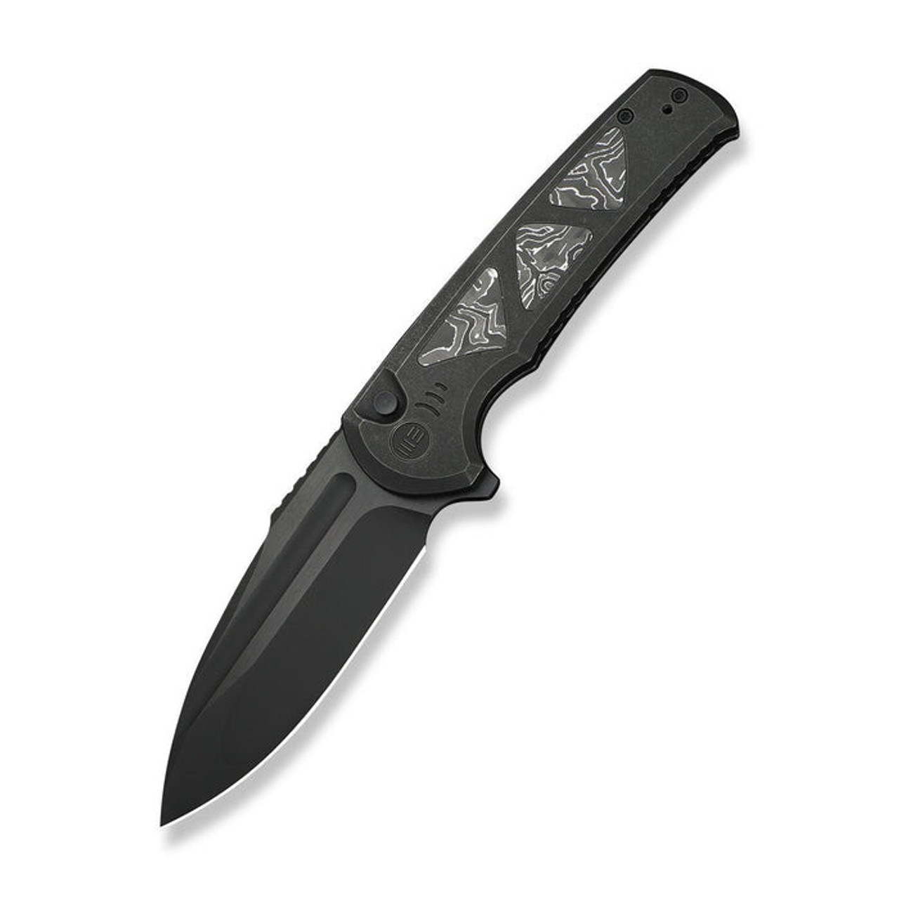 WE Knife Sylox (WE24027-1) 3.8" Bohler M390 Blackwashed Bevels w/ Black Brushed Flats Drop Point Plain Blade, Black Titanium Handle w/ Aluminum Foil Carbon Fiber Inlay