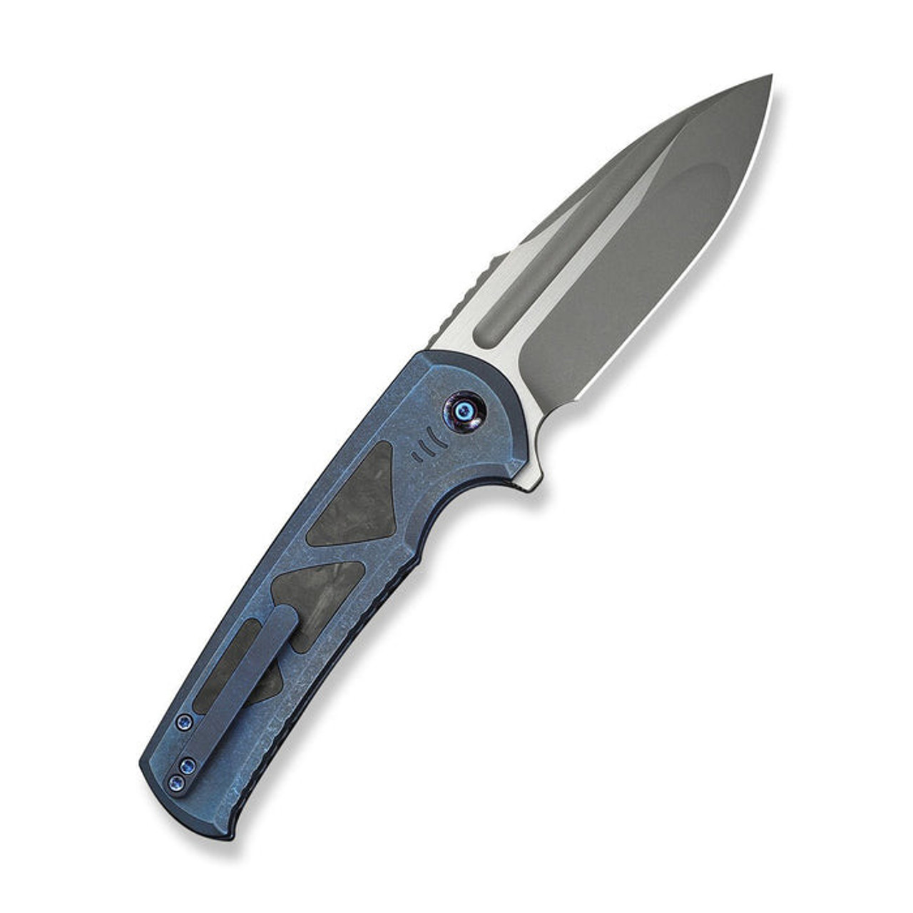 WE Knife Sylox (WE24027-2) 3.8" Bohler M390 Gray Stonewashed w/ Satin Flat Drop Point Plain Blade, Blue Titanium w/ Black Shredded Carbon Fiber Inlay
