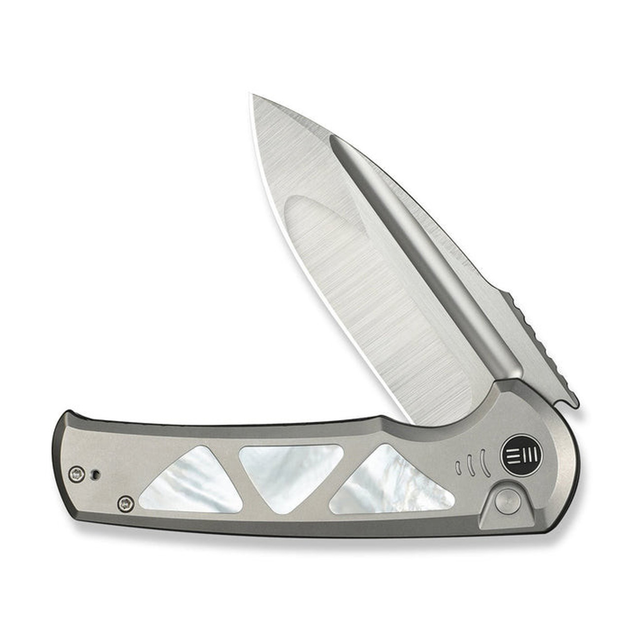 WE Knife Sylox (WE24027-4) 3.8" Bohler M390 Hand Polished Satin Drop Point Plain Blade, Gray Titanium Handle w/ Mother of Pearl Inlay