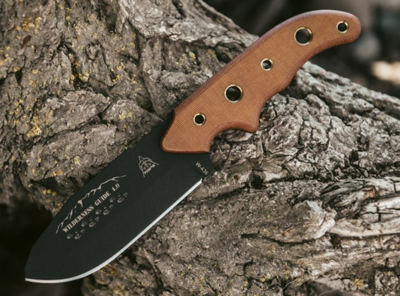 TOPS Wilderness Guide 4.0 (TPWSG4) 4.38" 1095 Black Drop Point Plain Blade, Tan Micarta Handle, Emergency Kit