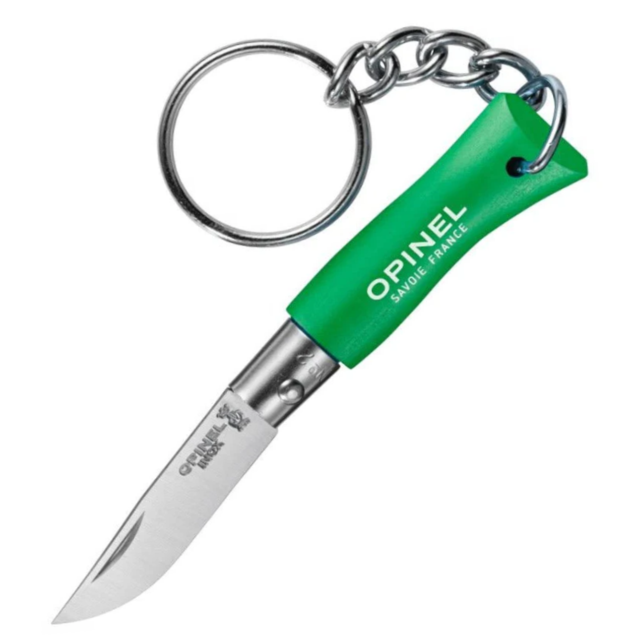 Opinel N0.02 Keyring Pocket Knife (OP002273) 1.36" Satin Drop Point Plain Blade, Green Wood Handle, Keyring