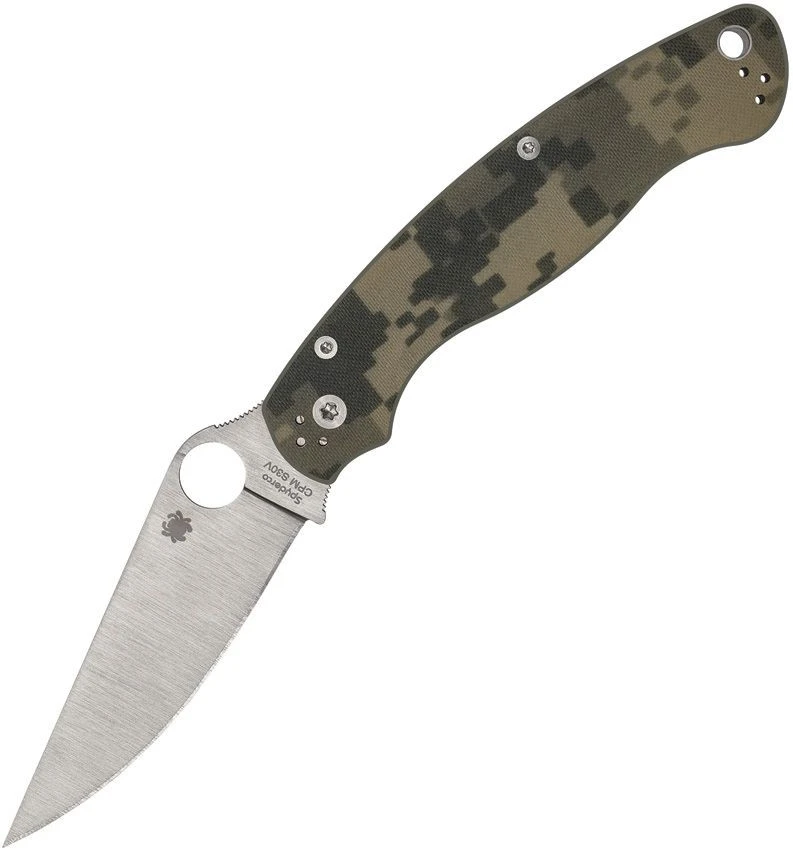 Spyderco Military 2 C36GPCMO2 digital camo G-10 handle open view showing CPM S30V satin clip point plain blade