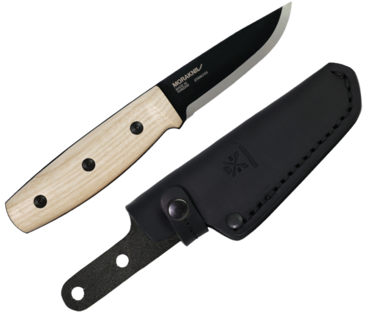 Mora Finn (14083) 3.4" Stainless Steel Drop Point Black Plain Blade, Ash Wood Handle, Black Leather Sheath