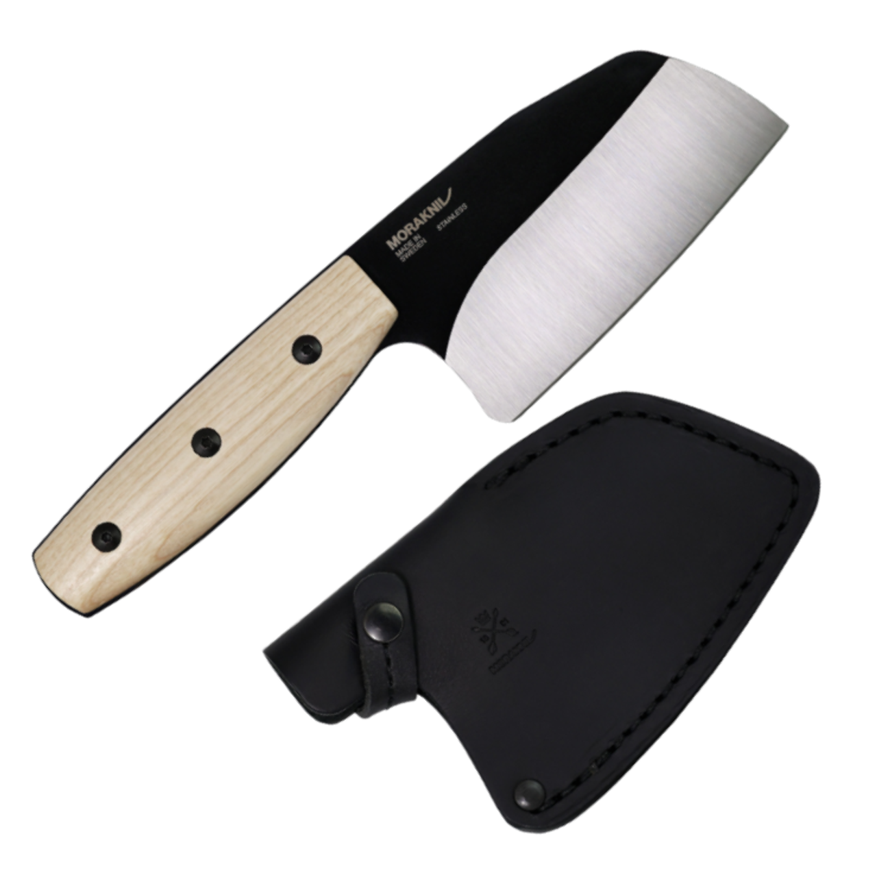 Mora Rombo (14086) 4.7" Stainless Steel Clever Style Black Plain Blade, Ash Wood Handle, Black Leather Sheath