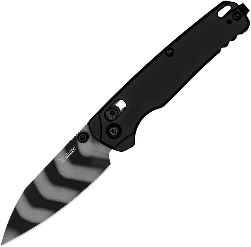 Kershaw Bel Air 6105TS folding knife open view showing the 3.1-inch Tiger Stripe MagnaCut blade and black handle.