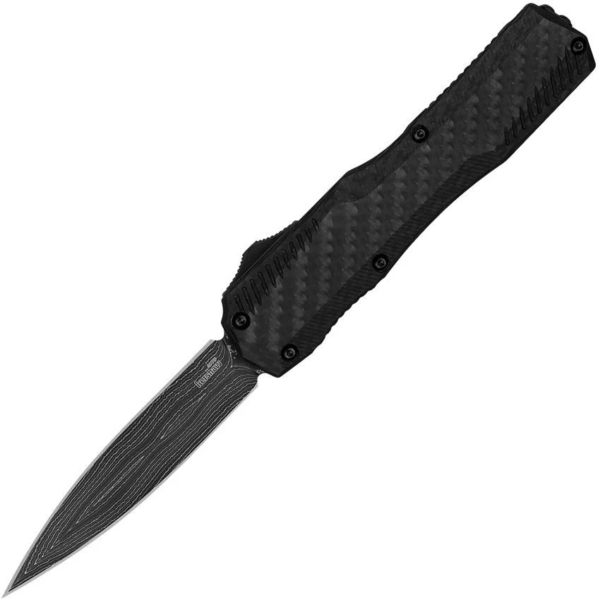 Kershaw Livewire 9000DECFDAM OTF automatic knife open view showing the 3.35-inch Damascus spear point blade and carbon fiber handle.