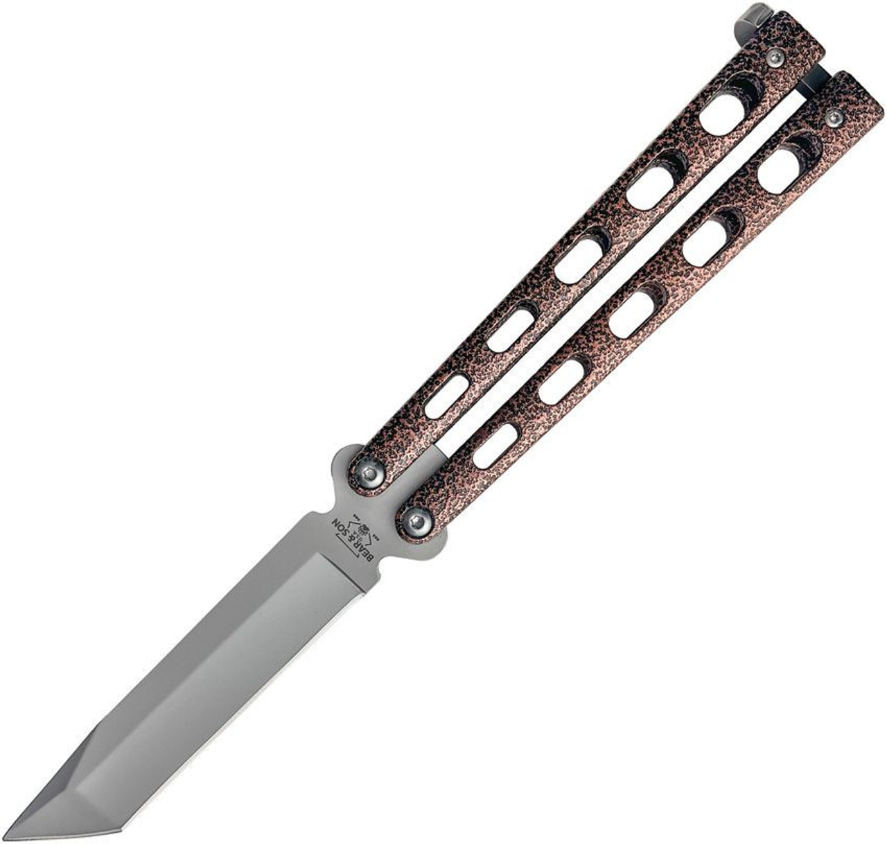 Bear & Sons Butterfly (BC114TCV) 4.25" 440 Stainless Steel Tanto Point Plain Blade, Copper Vein Metal Handles