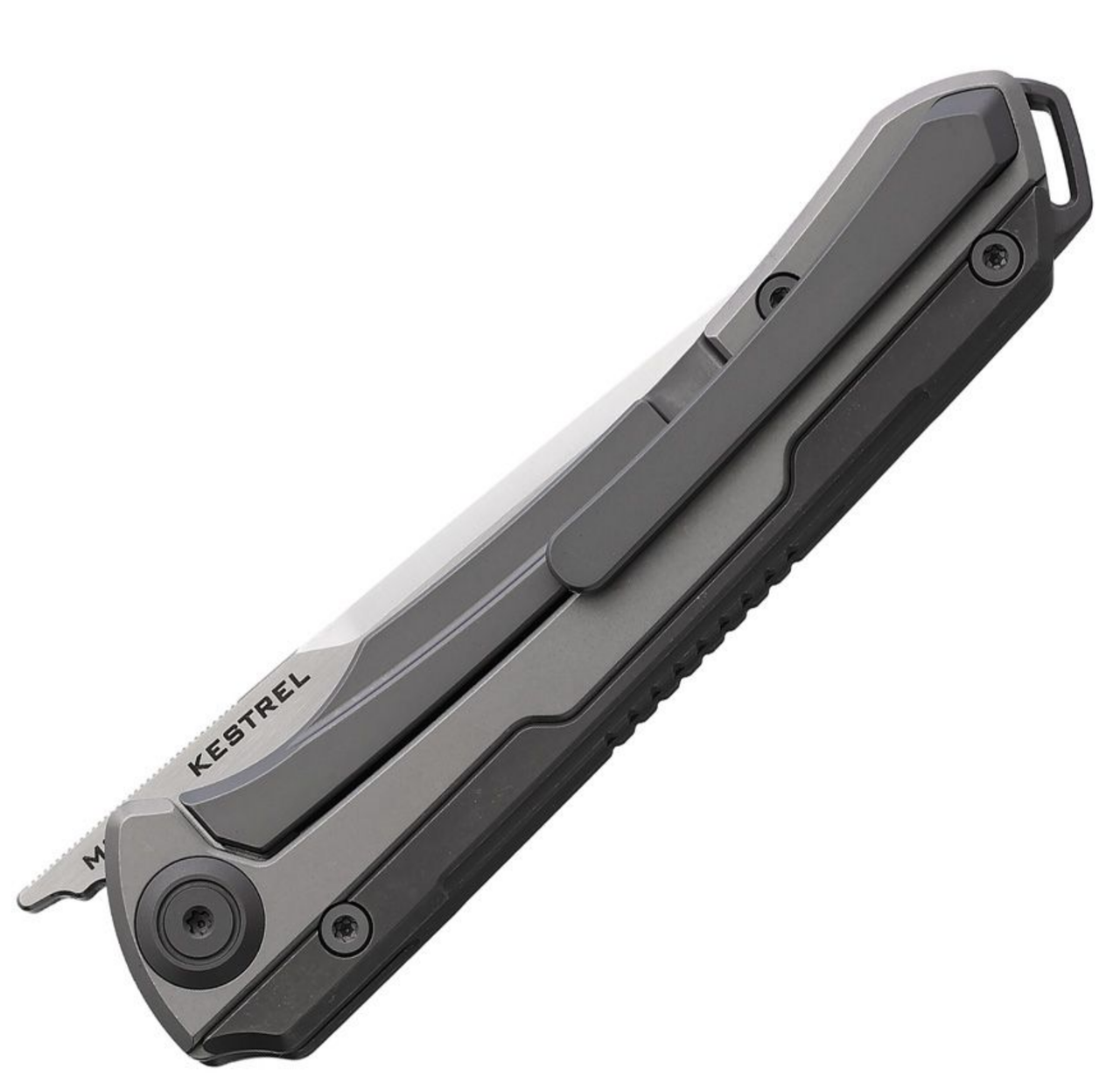 Maxace Kestrel Framelock Ti/CF (MAXM06C) 3.75" Satin M390 Plain Drop Point Blade, Gray Stonewash Finish Titanium Handle