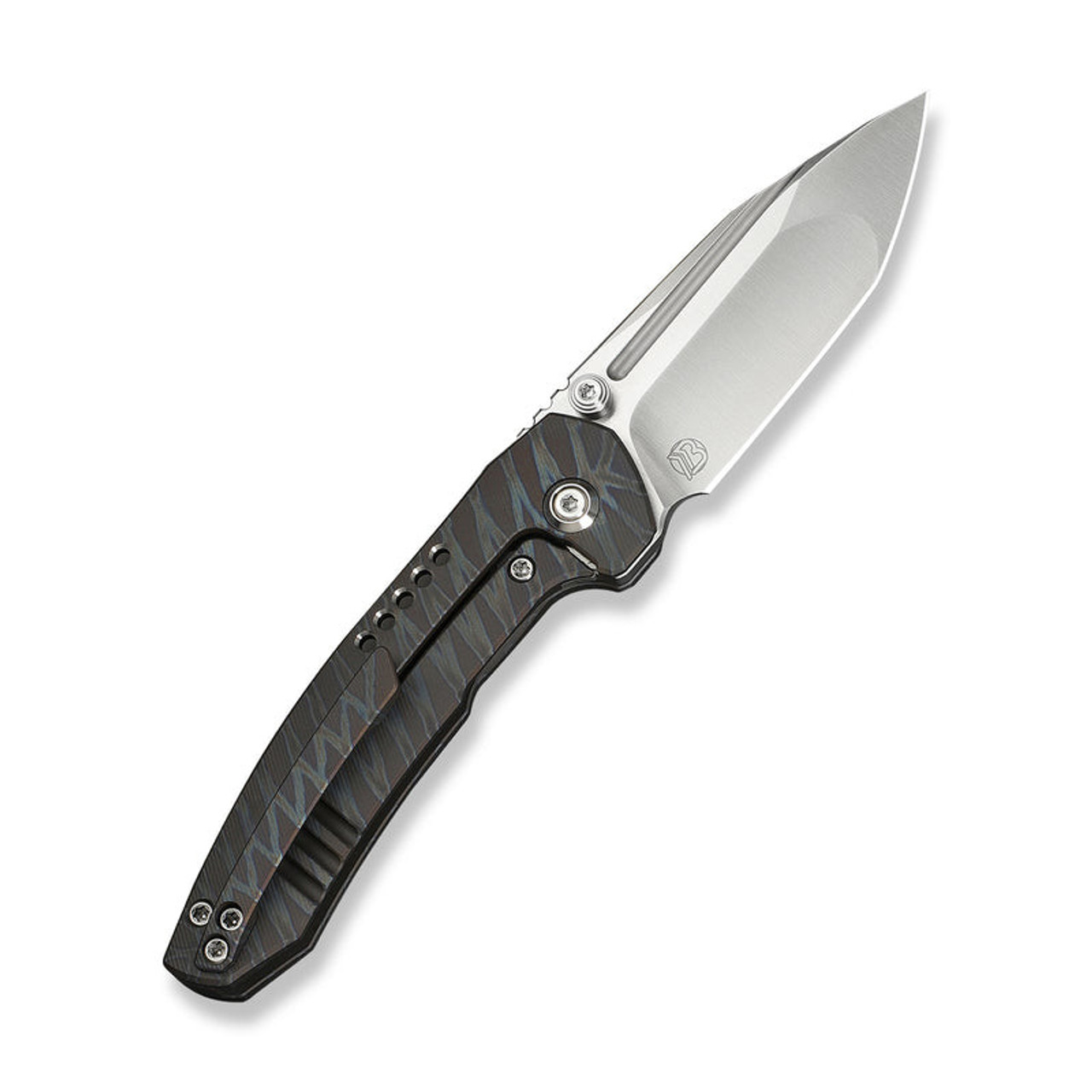 WE Knives Micro Trogon (WE24043-3) 2.68" Satin Bohler M390 Reverse Tanto Plain Blade, Tiger Stripe Flamed Titanium Handle