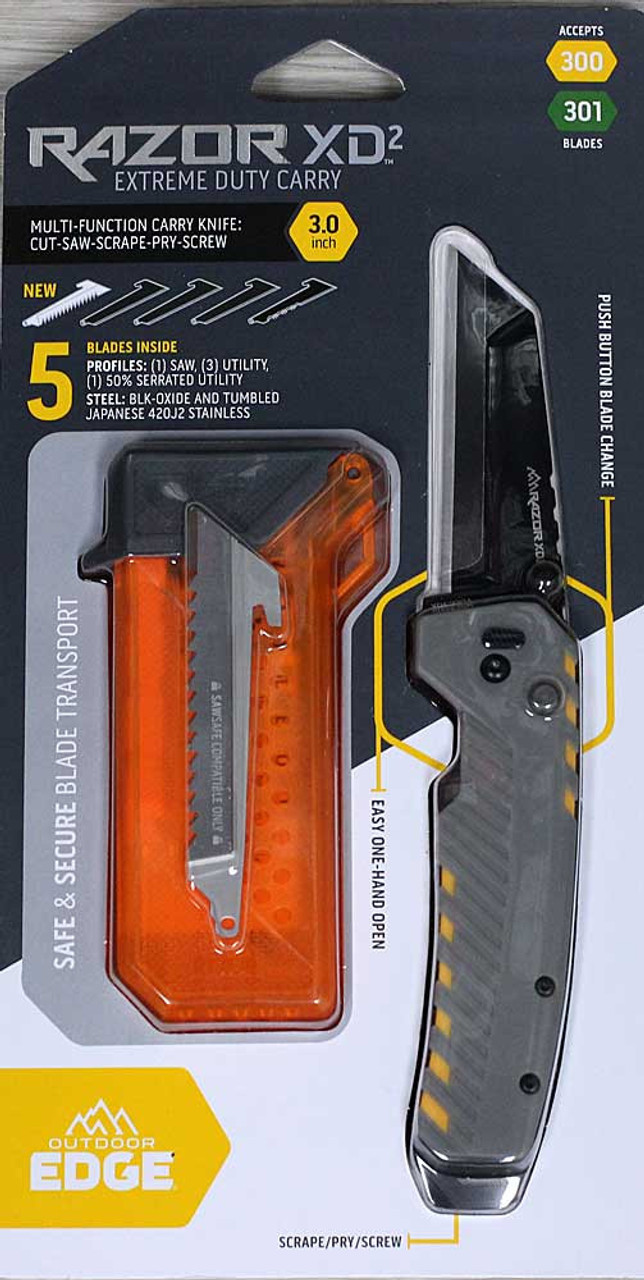 Outdoor Edge Razor XD2 Extreme Duty Carry (XDS230A-C) 3" Japanese 420J2 Black Oxide and Tumbled Saw, Utility and Partially Serrated Utility Replaceable Blades, Grey TPS Over Gold ABS Handle, Push Button, Orange Blade Storage Pod