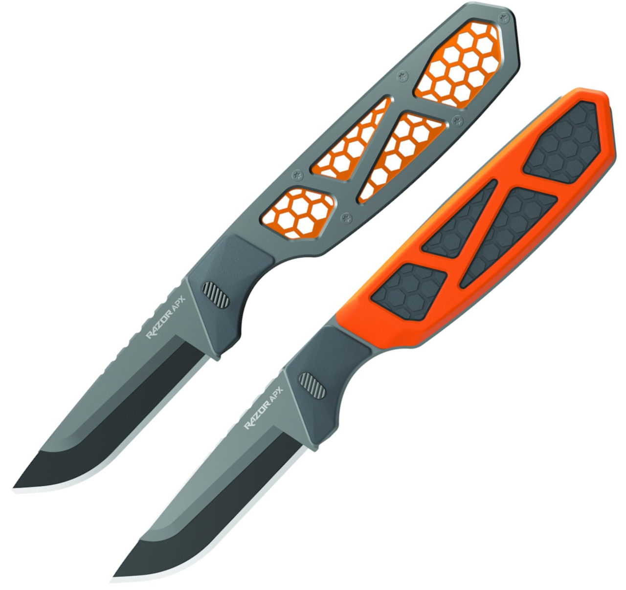 Outdoor Edge Razor APX (APX25-5C) 2.5" Japanese 420J2 Stainless Steel Replaceable Drop Point Plain Razor Blade, Titanium-coated 420 Stainless Steel w/Orange Anodized Aluminum Skeleton, Polypropylene with Silicon Cover Scales, Drop Point Compatible Sheath