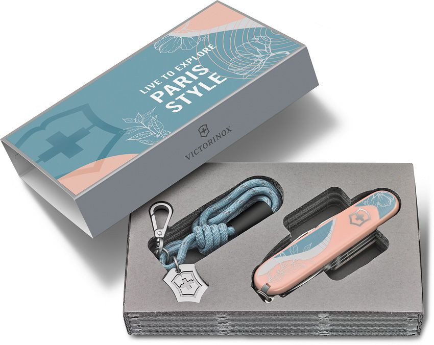 Victorinox Companion Paris Style (13909E221) Stainless Steel Drop Point Plain Blade, Pink, White and Light Blue ABS Handle