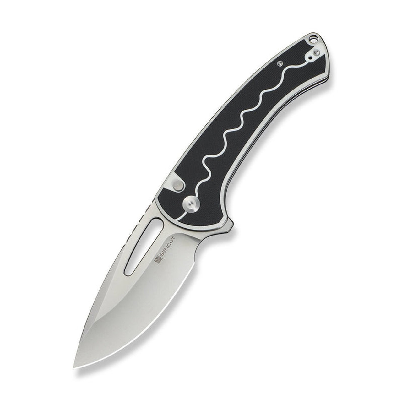 Sencut Squiggy ( S24082A-1) 3.89" 9Cr18MoV Satin Drop Point Plain Blade, Black and White G-10 Handle, Flipper, Thumb Hole Button Lock