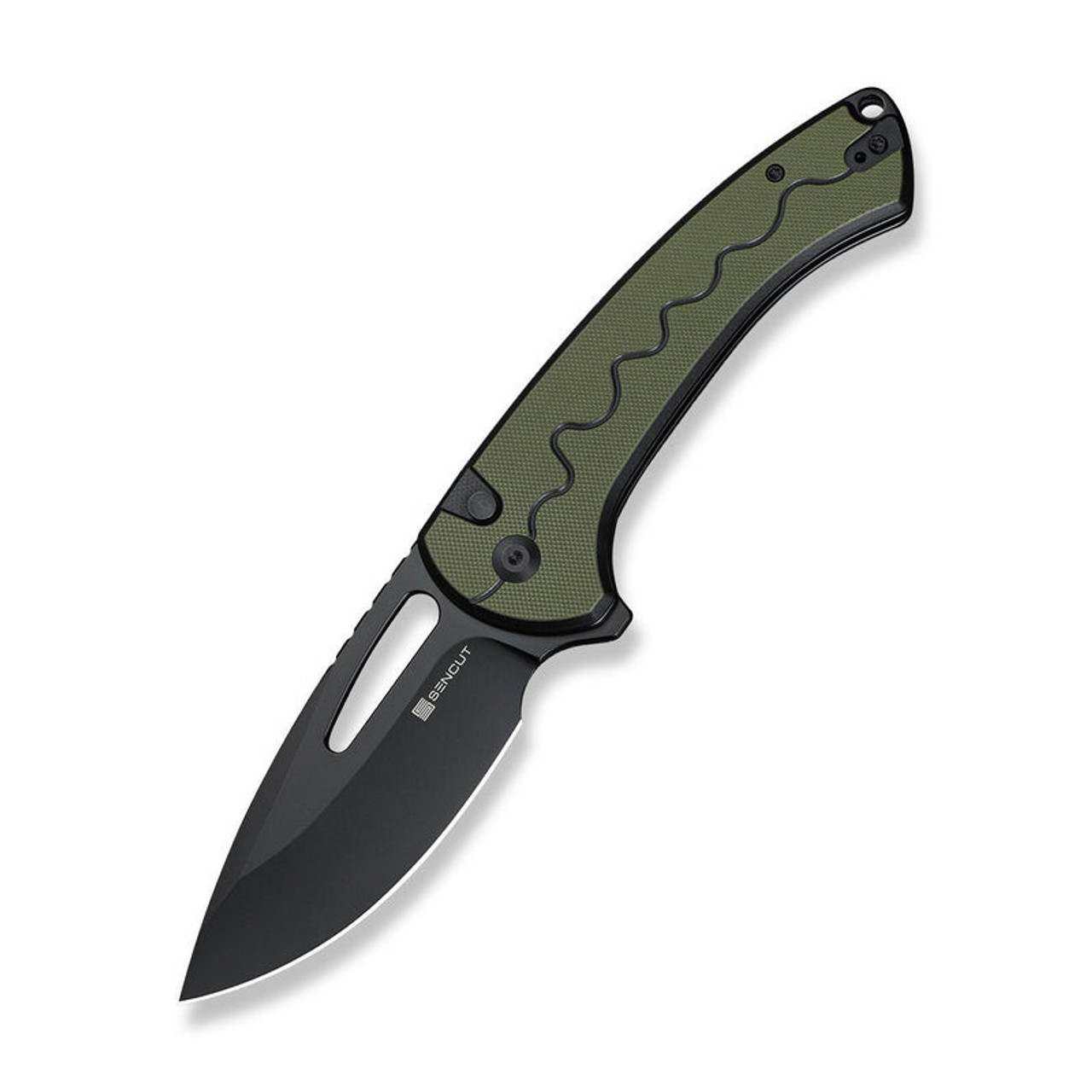 Sencut Squiggy ( S24082A-2) 3.89" 9Cr18MoV Black Drop Point Plain Blade, Black and Green G-10 Handle, Flipper, Thumb Hole Button Lock
