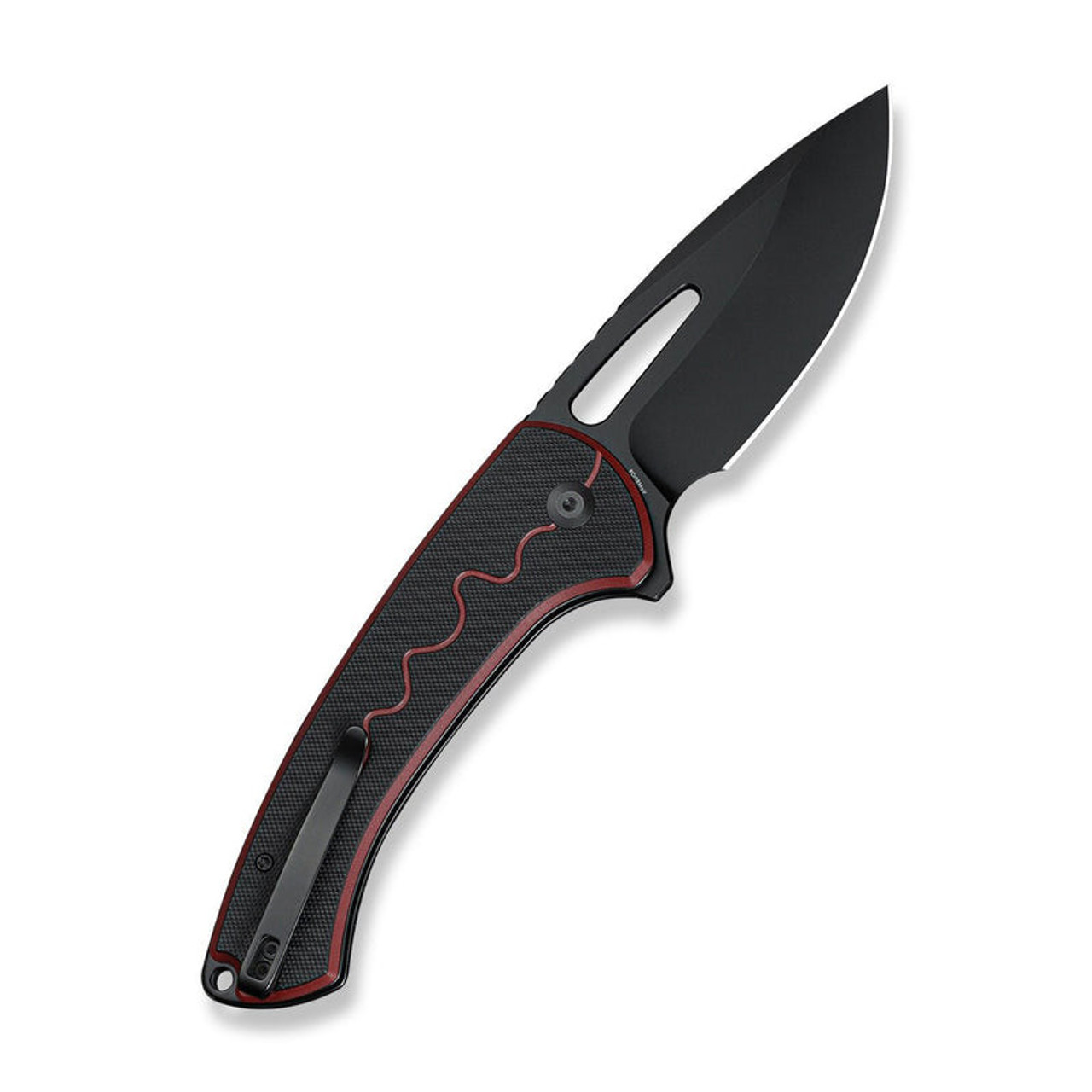 Sencut Squiggy ( S24082A-3) 3.89" 9Cr18MoV Black Drop Point Plain Blade, Black and Burgundy G-10 Handle, Flipper, Thumb Hole Button Lock
