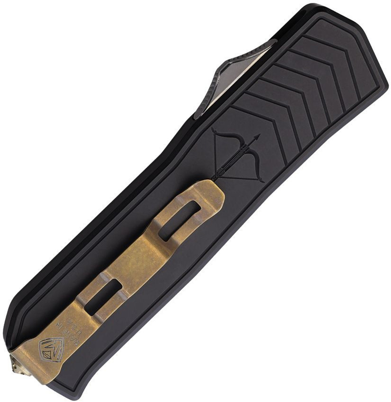 Medford Merc-1 OTF (MD2134TT42ABB) 3.75" S45VN Tumbled Tanto Plain Edge Blade, Black Aluminum Handle, Glass Breaker, Bronze Hardware, Nylon Zipper Storage Case