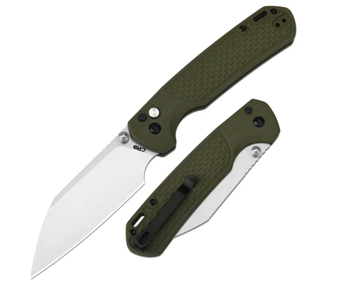 CJRB Large Pyrite-Light Button Lock OD Green G-10 (3.7" AR-RPM9)  Stonewash Wharncliffe, J1945LGN