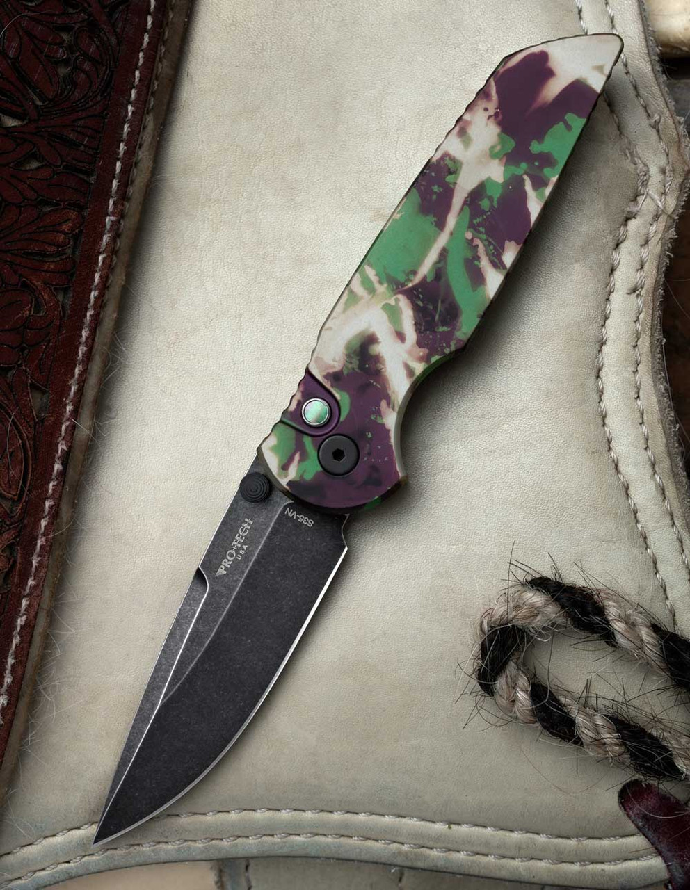 Knifeworks Exclusive Pro-Tech Intergrity Thumb Stud Manual Button Lock (KW.INT.1 BLACKWASH)  3.5" CPM-S35VN Blackwash Drop Point Blade, Mardi Gras Camo Aluminum Handle with Black Lip Pearl Button, Deep Carry Pocket Clip