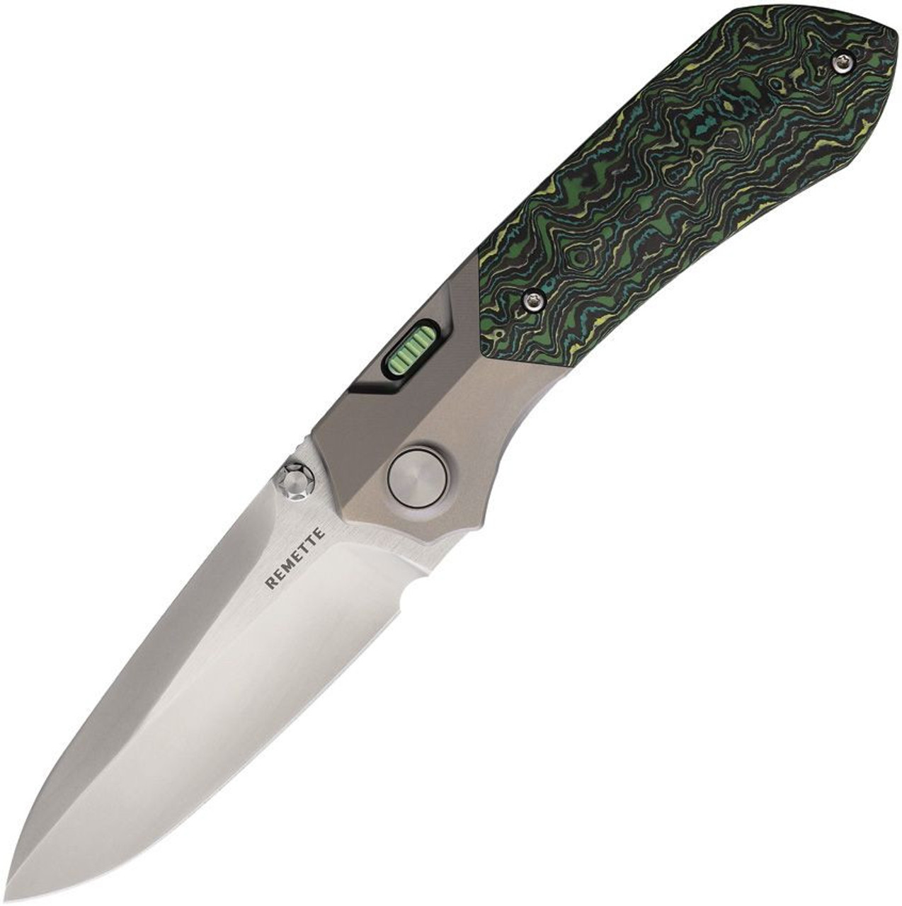 REMETTE RTPT Meteor Knife (RMTRTPTC) 2.99" M390 Satin Drop Point Plain Blade, Titanium with Green Carbon Fiber Handle, Frame Lock
