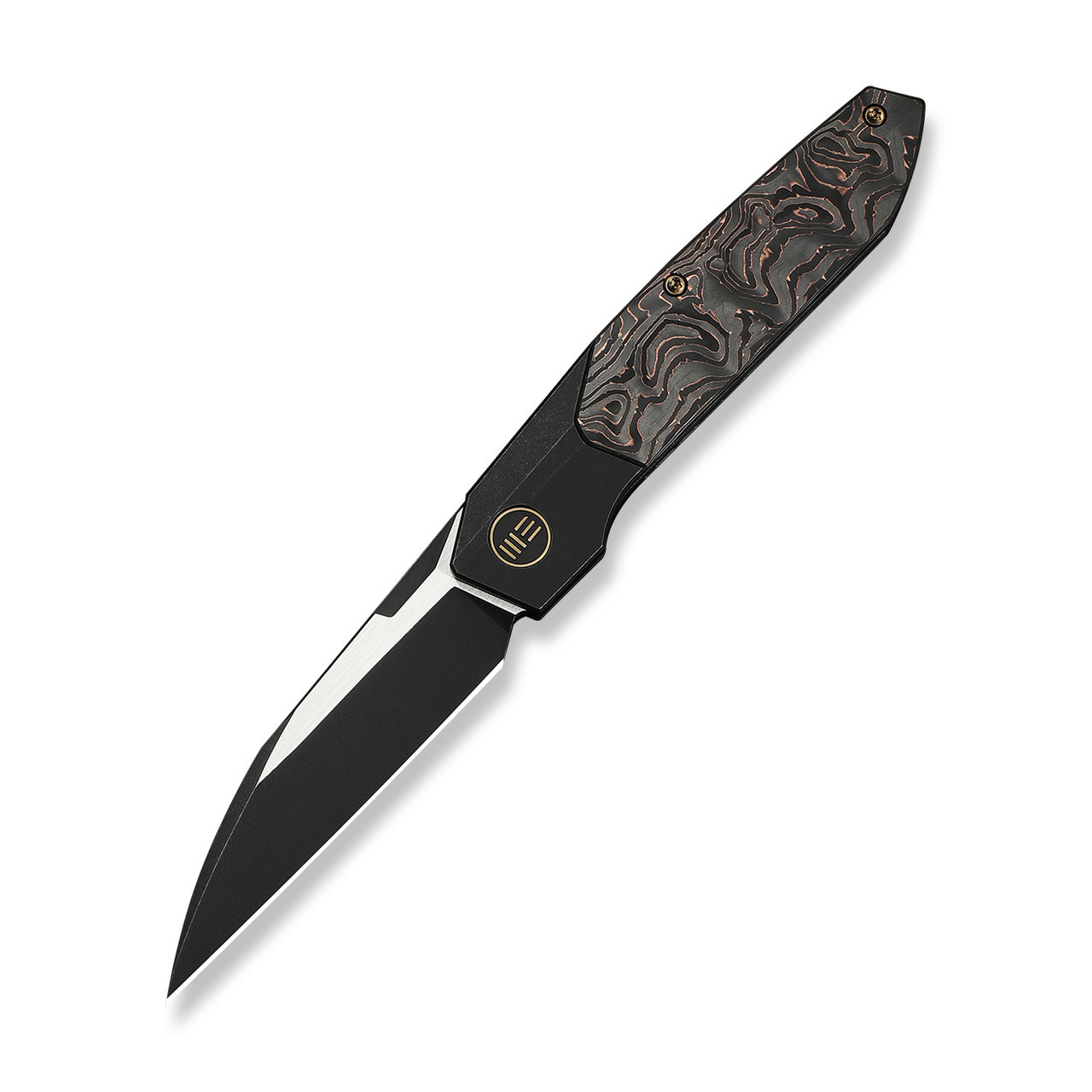 WE KNIFE Brr15 Flipper Knife Black Titanium Handle With Copper Foil Carbon Fiber Inlay (3.25" Black Stonewashed Wharncliffe Bohler M390 Blade, Satin Flat) WE24007-1