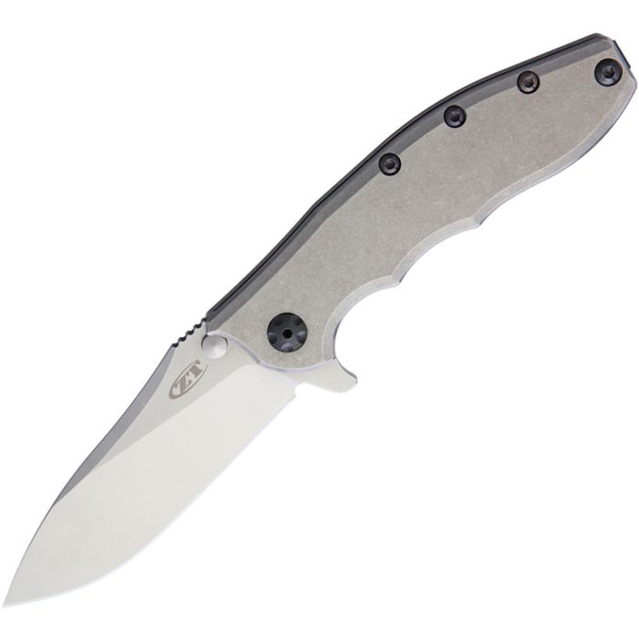 Zero Tolerance Hinderer Slicer Framelock Flipper (ZT0562TI) 3.5" MagnaCut, Stonewashed Flats, Machine-Satin grinds -Drop Point Plain Blade, Grey Titanium Handle, KVT ball bearing opening system