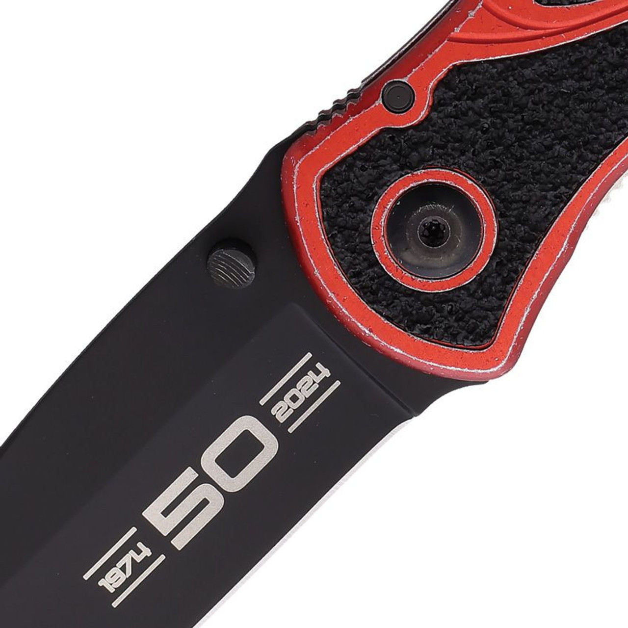 Kershaw Blur 50th Anniversary Edition (KS160K50W) 3.38" CTS-BDZ1 Black Tanto Plain Blade, Red Aluminum Worn Handle with Black Traction Inserts, Assisted Open, Liner Lock