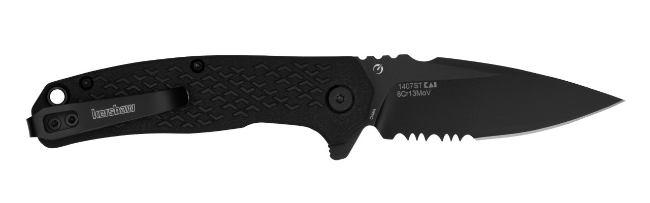 Kershaw Conduit Serrated, Assisted Open, Black Glass-filled nylon (KS1407ST) 2.9" 8Cr13MoV Black-oxide coating, Drop Point Blade
