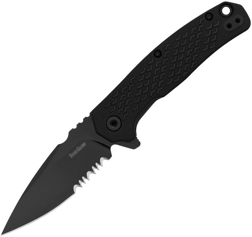 Kershaw Conduit 1407ST assisted opening knife open showing the 2.9-inch black serrated blade and black handle.
