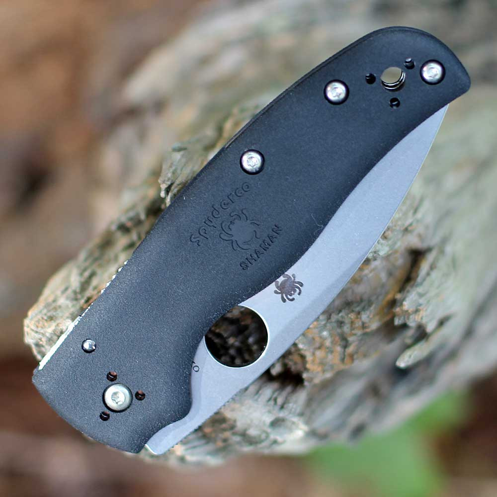 Spyderco Shaman Lightweight C229PBK black FRN handle — pebbled texture, radiused edges, Compression Lock, skeletonized steel liners