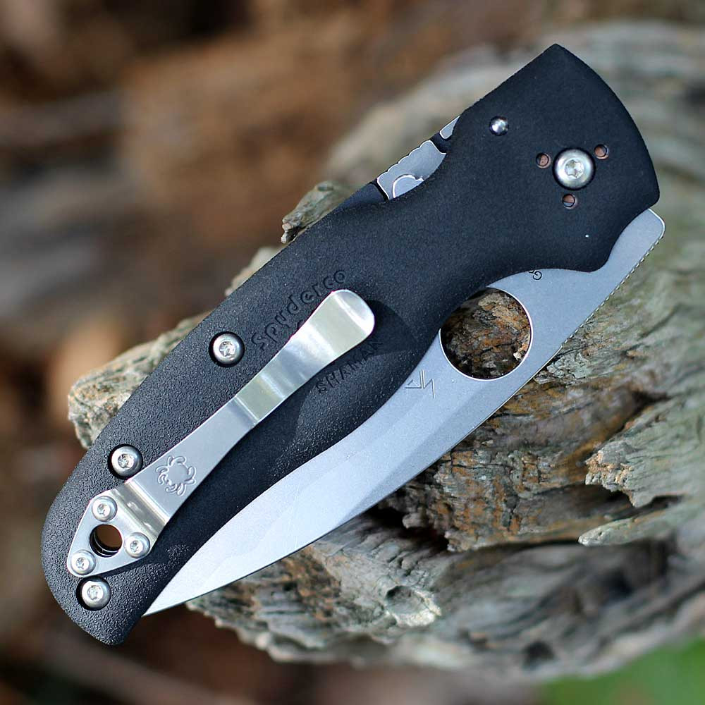 Spyderco Shaman Lightweight C229PBK black FRN handle open view showing CTS-BD1N satin leaf-shape plain blade