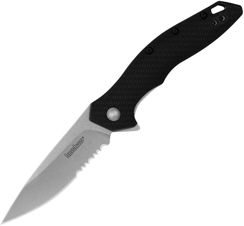 Kershaw Shoreline 1845ST assisted opening knife open showing the 3-inch partially serrated stonewashed blade and black GFN handle.