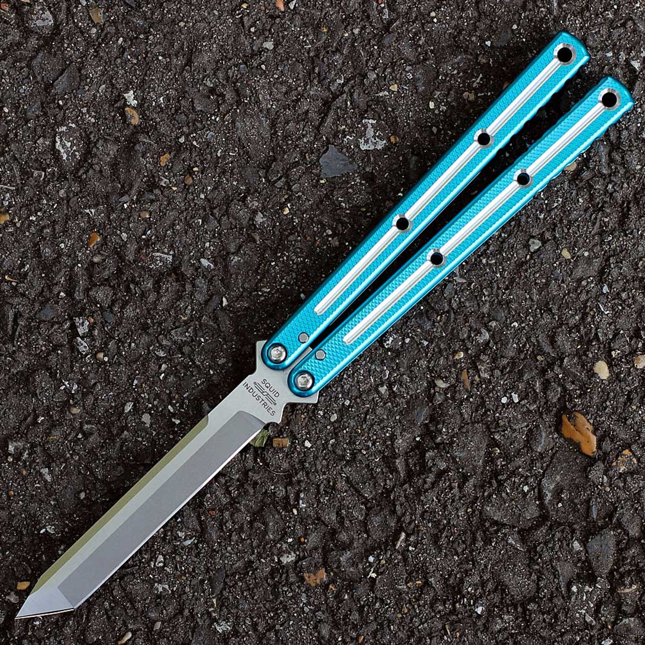 Squid Industries Krake Raken V3 (KrakeRakenV3DTTealMatTan) 4.50" AEB-L Matte Tanto Plain Blade, Dual Tone Silver and Teal Aluminum Handle
