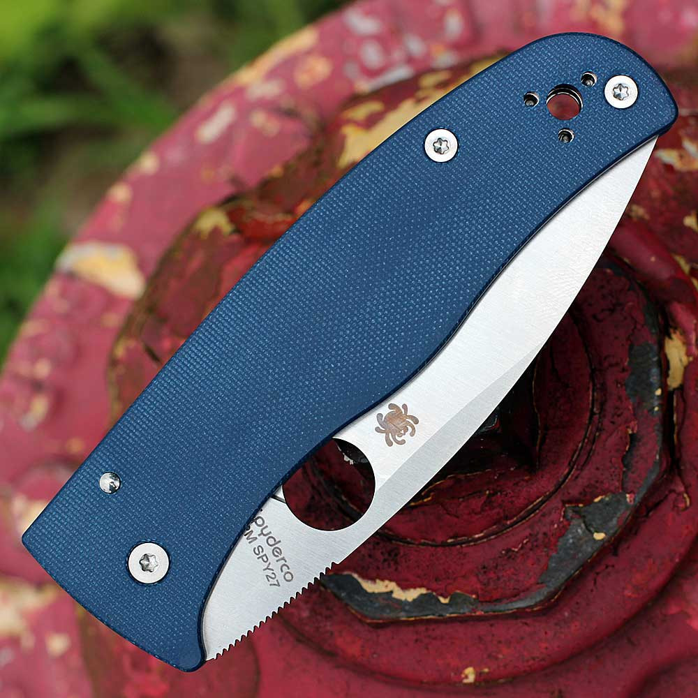 Spyderco Bodacious C263GPCBL cobalt blue G-10 handle open view showing CPM SPY27 satin leaf-shape plain blade