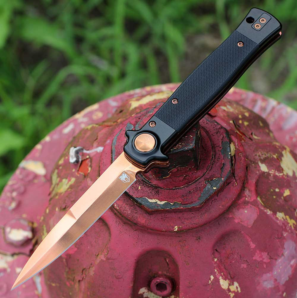 CobraTec Stiletto Button Lock CTSTLBLG10BLKRSG 4 inch VG-10 Rose TiNi stiletto plain edge folder full product view open