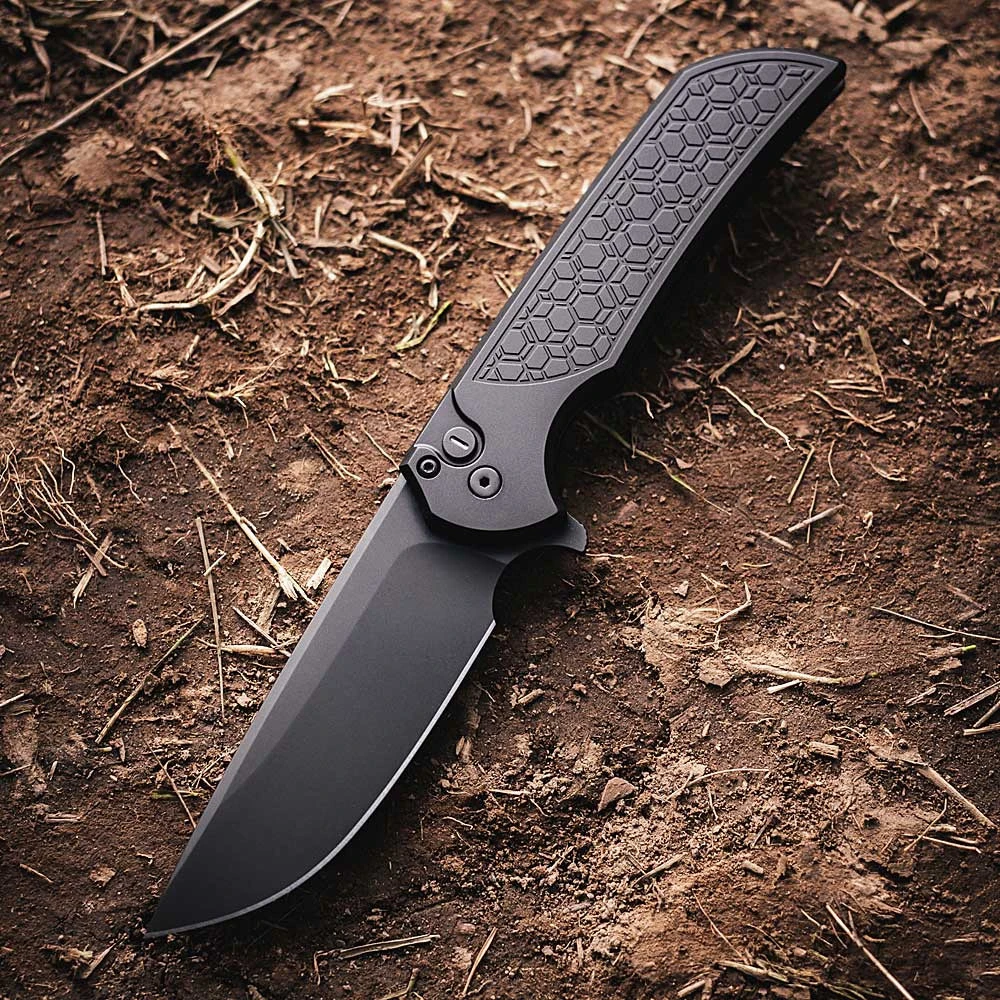 Pro-Tech Mordax - OPERATOR GRIDLOCK Textured Black Aluminum Scale, Tritium Push Button Lock (MX106-OPERATOR) 3.57" Sterile DLC Magnacut Drop Point Blade
