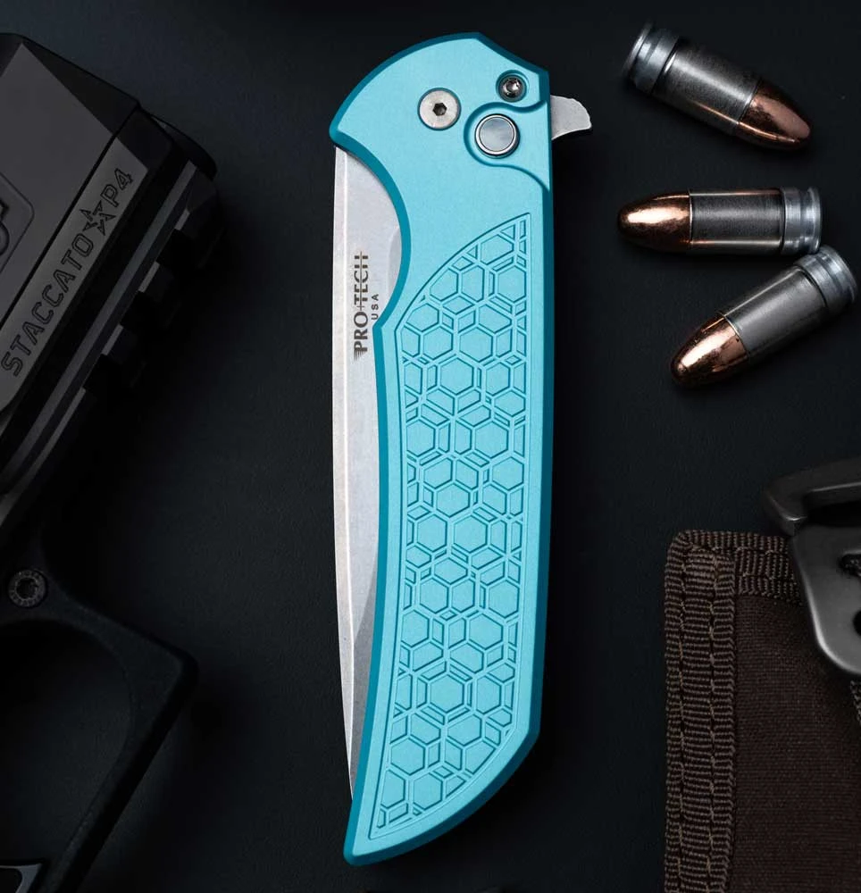 Pro-Tech Mordax - Gridlock Flipper (BSA25.Mordax.1) Textured Titanium Teal Blue Handle, Pearl Button Lock, 3.6" Stone Wash MagnaCut Drop Point Blade