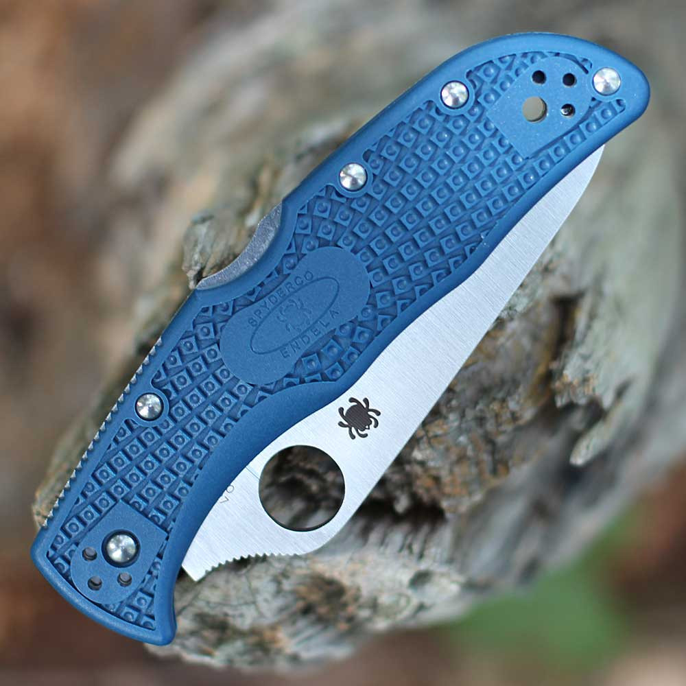 Spyderco Endela Lightweight C243PCBL cobalt blue FRN handle open view showing CPM SPY27 satin plain blade