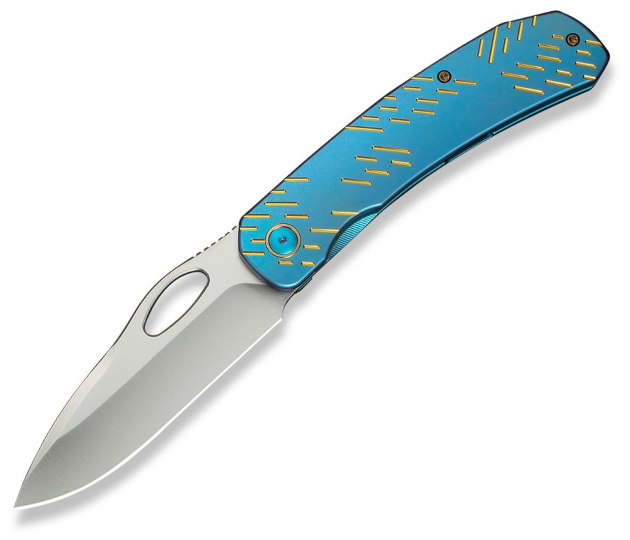 WEKNIFE Inmate Front Flipper & Thumb Hole Knife, Blue Titanium Handle With Golden Raindrops (3.7" Satin CPM 20CV Blade) Frame Lock, WE23096B-3