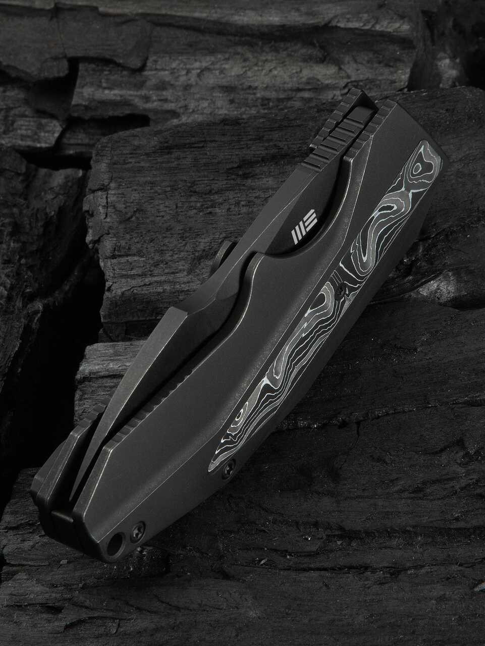 WEKNIFE Coral SLT Flipper Knife Black Titanium Handle With Aluminum Foil Carbon Fiber Inlay (2.95" Black Stonewashed CPM 20CV Blade) Frame Lock, WE24044-1