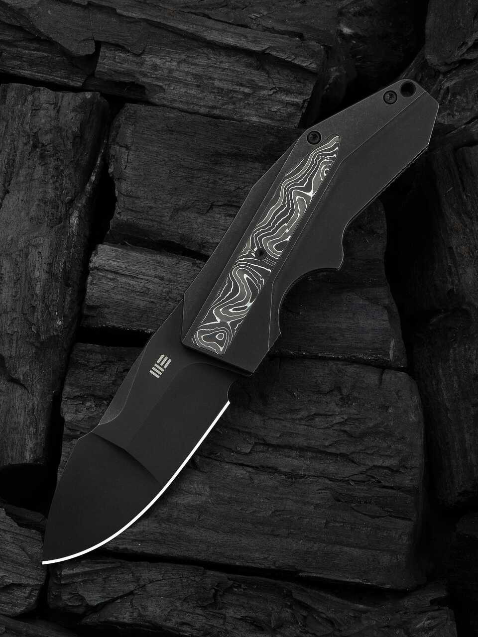 WEKNIFE Coral SLT Flipper Knife Black Titanium Handle With Aluminum Foil Carbon Fiber Inlay (2.95" Black Stonewashed CPM 20CV Blade) Frame Lock, WE24044-1