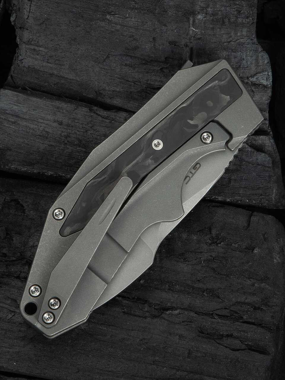 WEKNIFE Coral SLT Flipper Knife Gray Titanium Handle With Marble Carbon Fiber Inlay (2.95" Gray Stonewashed CPM 20CV Blade) Frame Lock, WE24044-2