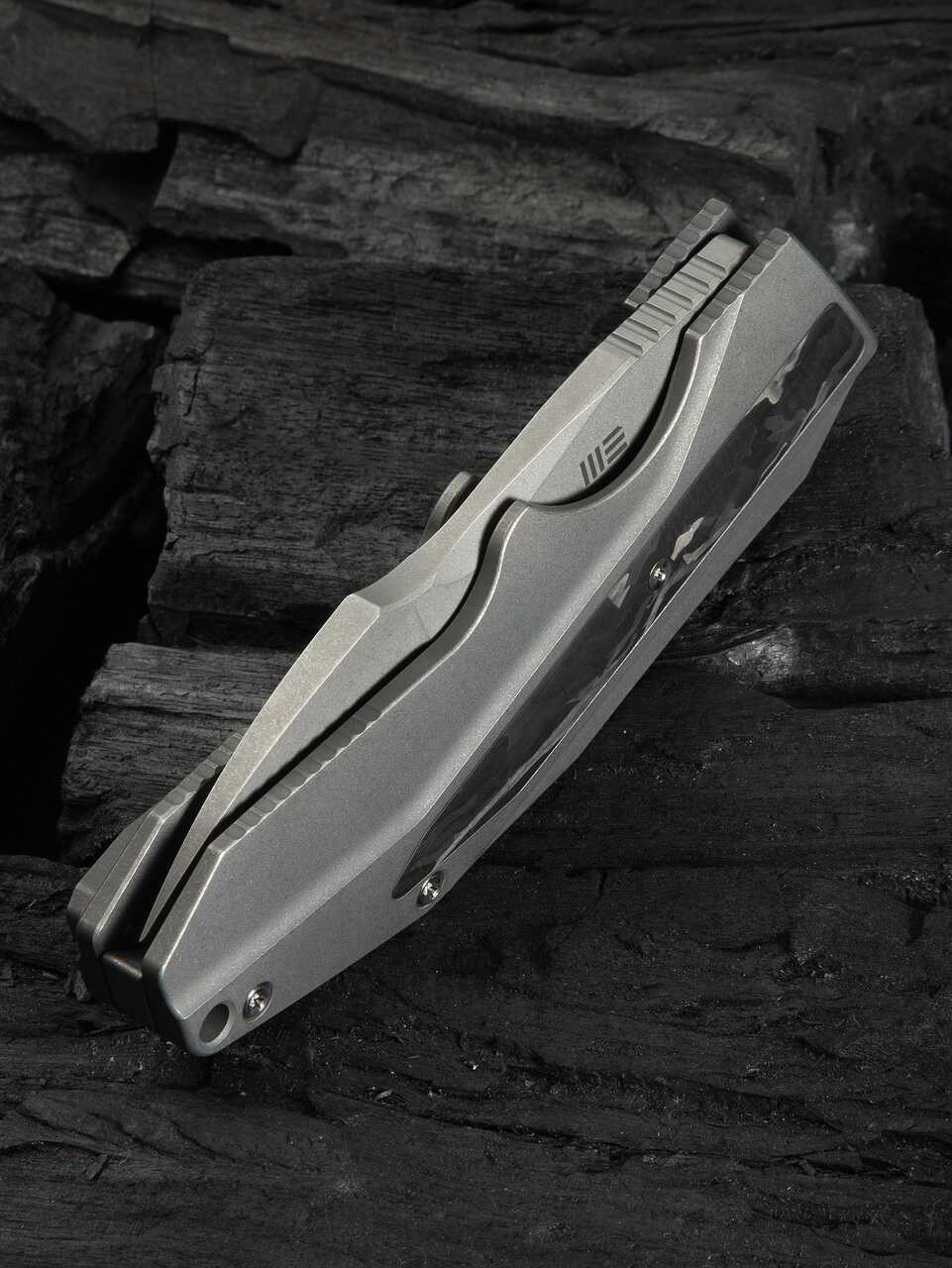 WEKNIFE Coral SLT Flipper Knife Gray Titanium Handle With Marble Carbon Fiber Inlay (2.95" Gray Stonewashed CPM 20CV Blade) Frame Lock, WE24044-2