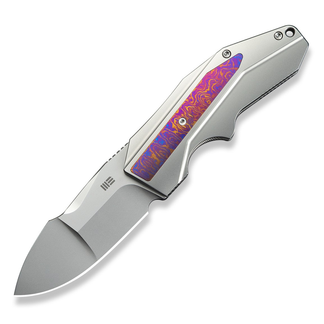 WEKNIFE Coral SLT Flipper - Polished Bead Blasted Titanium Handle with Flamed Timascus Inlay (2.95" Polished Bead Blasted CPM 20CV Blade) Frame Lock, WE24044-4